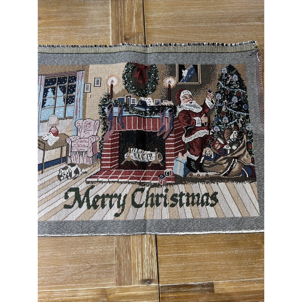 Christmas Fireplace Dog Santa‎ Woven Tapestry Panel Pillow Wall Hanging  18x14
